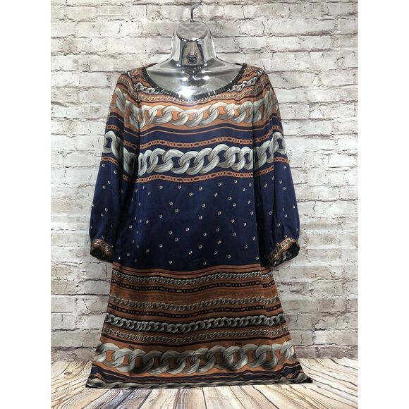 HALE BOB embellished chain link print silk dress navy brown womens sz xs - Picture 1 of 9
